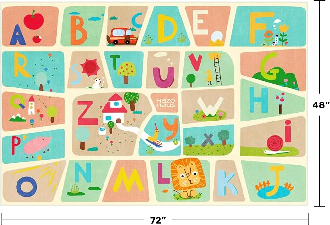 4x6 Preschool Kids Alphabet Rug – Washable ABC Learning Carpet for Toddlers, Educational Playroom Carpet with Fun Letters & Illustrations, Soft Nursery Rug for Reading, Craft, or Floor Play