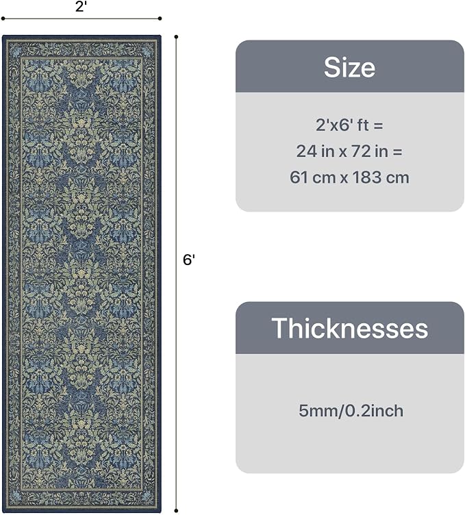 GENIMO 2x6 Washable Runner Rug, Non Slip Hallway Mat, Dark Blue | Vintage Boho Floral Low Pile Thin Mat for Entryway, Kitchen, Bedroom, Indoor Decor