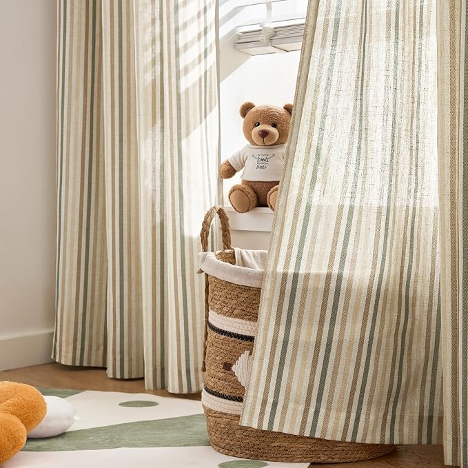 jinchan Linen Curtains 63 inch Green Stripe for Kids Room Grommet 2 Panels | Kids Curtains for Nursery Living Room Bedroom Baby Boys Room,Cute Colorful Ticking Stripe,Cottagecore Rustic,Light Filtering
