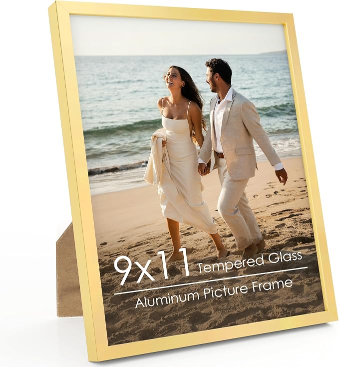 FLYJOE 9x11 Metal Picture Frame - Gold Aluminum Picture Frames with Real Glass, Wall Mounting Horizontally or Vertically, Simple and Elegant Decor for Wall Gallery Poster Photo 11x9 Frame, Gold