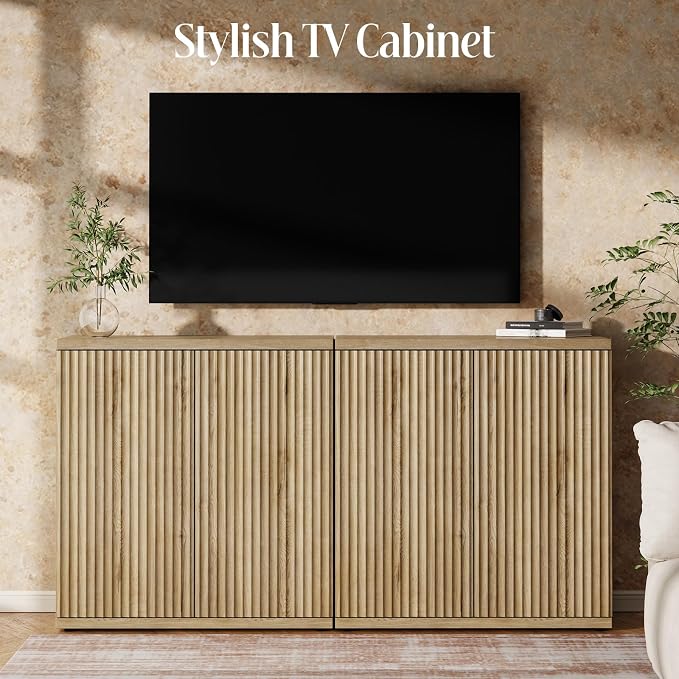 Fluted Buffet Cabinet Sideboard with Storage, Wooden Credenza with 2 Doors & Adjustable Shelf, Modern 15" Deep Accent Cabinet for Living Room, Kitchen Dining Room Entryway,Natural Oak