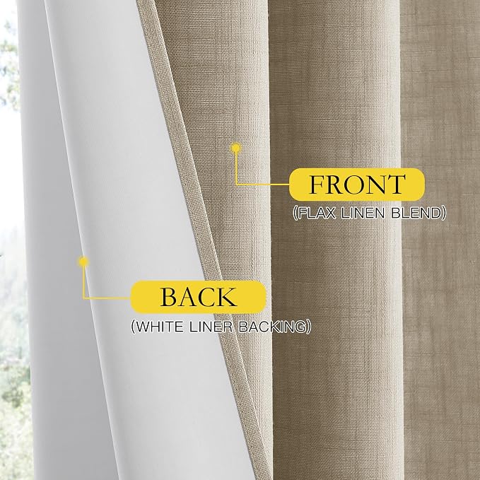 NICETOWN Taupe 100% Blackout Linen Curtains 63 inch Long Burg, Farmhouse Thick Completely Blackout Window Treatment Panels Thermal Insulated Drapes for Living Room (1 Pair, 52" Width Each Panel)