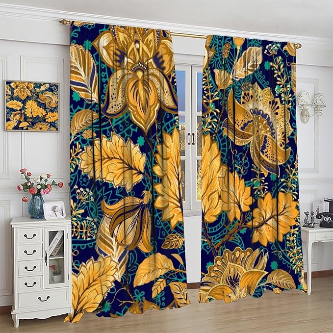 Floral-Patterned Blackout Curtains, Vintage Navy Blue with Gold Plant Motifs in Bohemian Style, Heat-Insulating Curtains for Living Rooms and Bedrooms63X63 Inch