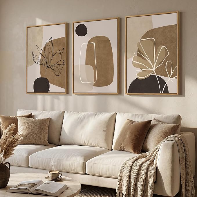Framed Neutral Boho Abstract Wall Art for Living Room, 3 Piece Large Brown Mid Century Modern Canvas Artwork for Walls, Botanical Black Earthy Paintings Prints Hallway Wall Decor, 24x36 Inch