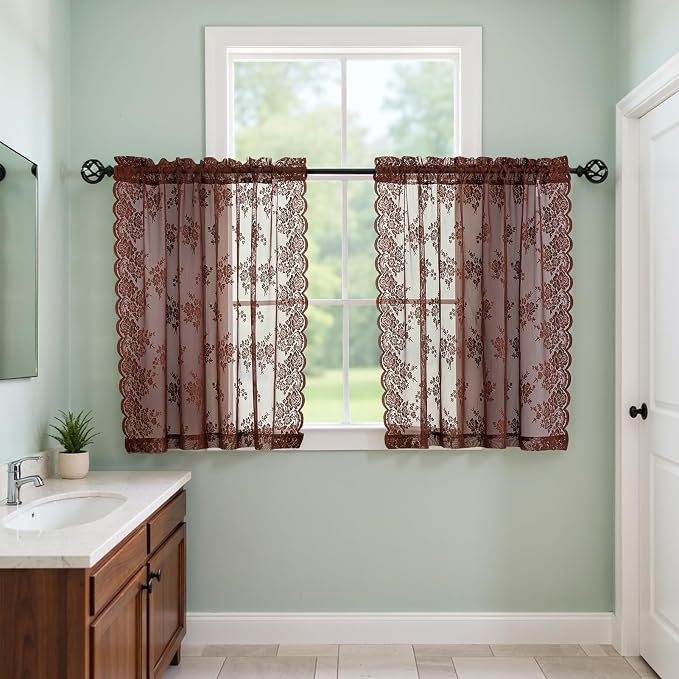 Kotile Warm Brown Sheer Curtains 36 Inch Length for Kitchen Window Over Sink, 2 Panels W42 x L36 Inch, Country Floral Brown Colored Short Lace Curtains, Rod Pocket Privacy Cottage Sheer Cafe Curtain