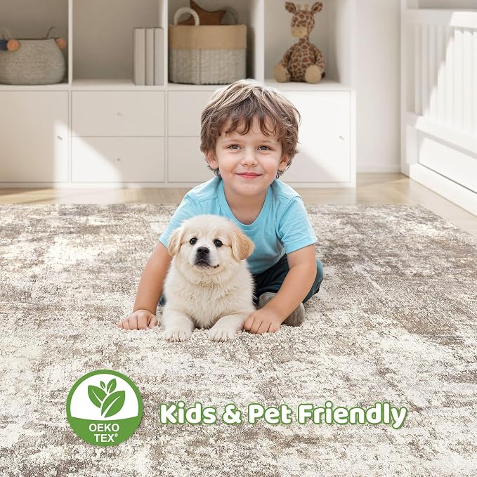12x18 Area Rugs Living Room: Washable Large Abstract Soft Rug Stain Resistant Indoor Floor Non-Slip Accent Carpet for Women Modern Home Enthusiasts Aged 25-45 - Bedroom Nursery Playroom- Beige Brown