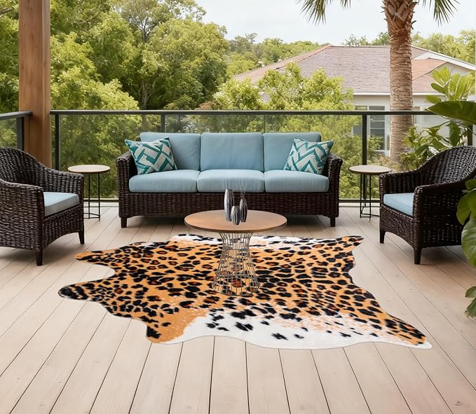 Huichenxing2021FURSTORE Leopard Print Rug, Cheetah Rug 5.3ft x 6.7ft Large Faux Cowhide Skin Mat Animal Print Area Rugs for Living Room Bedroom Nursery Home Office Brown