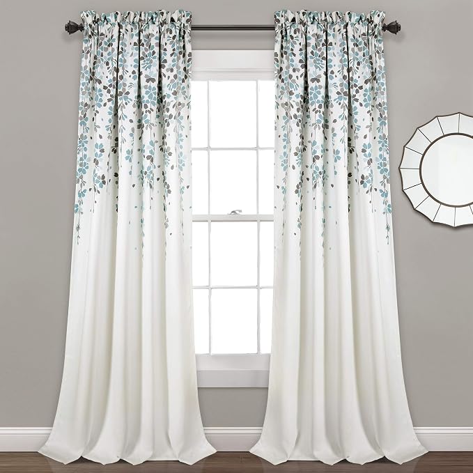 Lush Decor Weeping Flower Light Filtering Window Curtain Panels, Pair, 52"W x 84"L + 2" Header, Blue & Gray - Charming Modern Floral Curtains for Living Room, Dining Room, & Bedroom