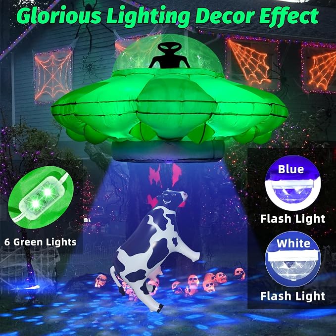Alien Party Decorations 4.2FT Hanging Alien UFO Cow Abduction Inflatable with Cow&2pcs Jumbo Alien Halloween Inflatable UFO Built-in Green LED Blue&White Flashing Light Blow Up Yard Home Garden Decor