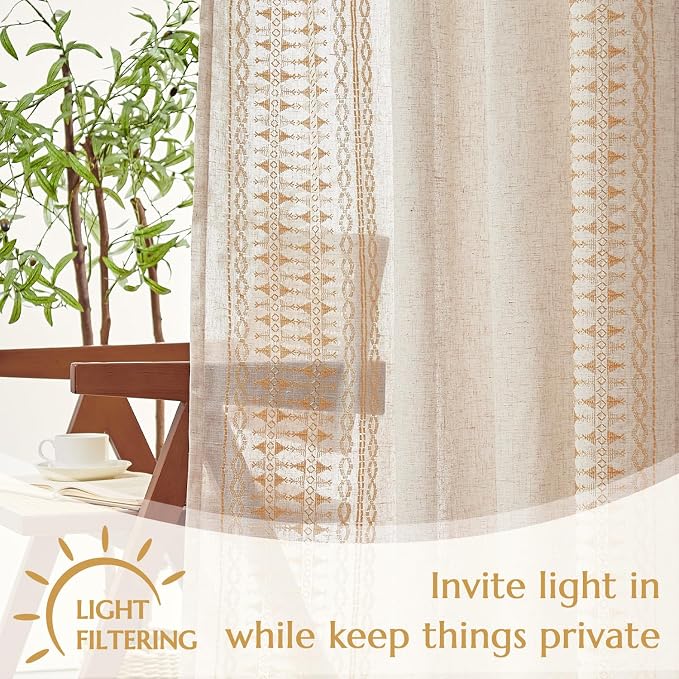 jinchan Boho Curtains Embroidered Linen Blend Window Curtains for Bedroom, Drapes 84 Inch Length 2 Panels Set, Geometry Grommet Bohemian Window Treatments Set for Living Room Gold on Beige