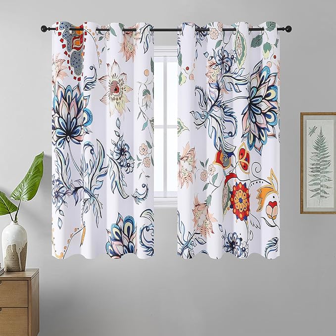 Estelar Textiler Boho Floral Blackout Curtain,Blue White Watercolor Vintage Painting Flower Curtains 2 Panels Set for Living Room Decoration,Thermal Insulated Room Darkening Farmhouse Drapes,52x63