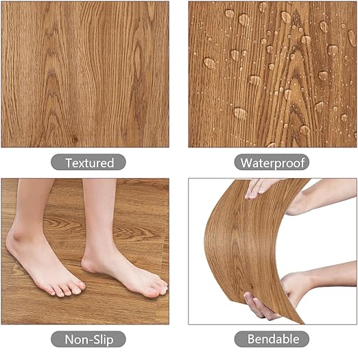 Yenhome 12"X12" Peel and Stick Vinyl Flooring Waterproof Peel and Stick Floor Tile Bathroom Kitchen Flooring Temporary Self Adhesive Floor Tiles for Renter Brown Wood Scratch-Resistant (3Plank 3Sq.Ft)