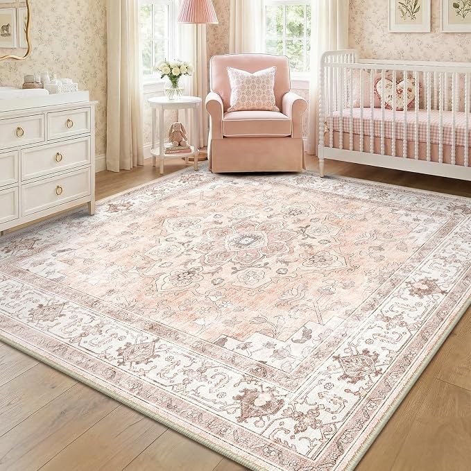 CAPALOCA Machine Washable Rugs Nursery Rug Sq8ft Cute Girl Non Slip Low Pile Water Repellent Soft Print Pattern for Bedroom Indoor Decor Kids Playroom Pink