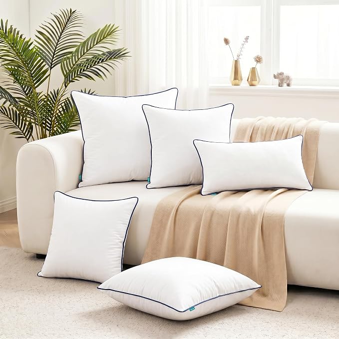 Oubonun 18 x 18 Throw Pillow Inserts – Durable & Structured, Soft Down Alternative Decorative Pillows with Piping Edge for Couch Sofa Bed, Machine Washable, White, Pack of 4