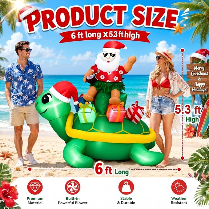 Leyndo Christmas in July Inflatable,6 ft Huge Christmas Inflatables Santa Claus Ride on Sea Turtle,Built-in LED Xmas Blow up Yard Decorations for Holiday Party Lawn Beach Supplies