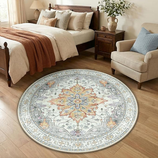 RELEANY Area Rugs Round 4ft Washable Non-Slip, Floral Vintage Distress Medallion Carpet for Living Room Bedroom Dining Room, Beige Carbon Grey Orange