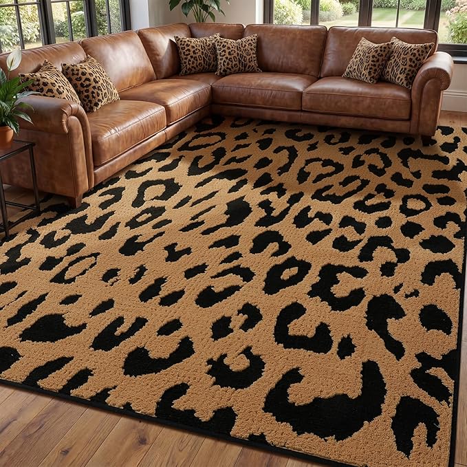 YIHOUSE 6×9 Ft Leopard Area Rugs, Washable High-Low Pile Plush Soft Rug, Non-Slip Non-Shedding Animal Cheetah Carpet for Living Room, Bedroom, Dining Room, Nursery, Home Decor