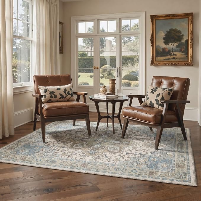 GENIMO 2x5 Runner Rugs for Hallway Kitchen and Laundry Room Non Slip Low Pile Machine Washable Lightweight Print Rug for Bedroom Bathroom Entryway, Floral Medallion, Dusty Blue