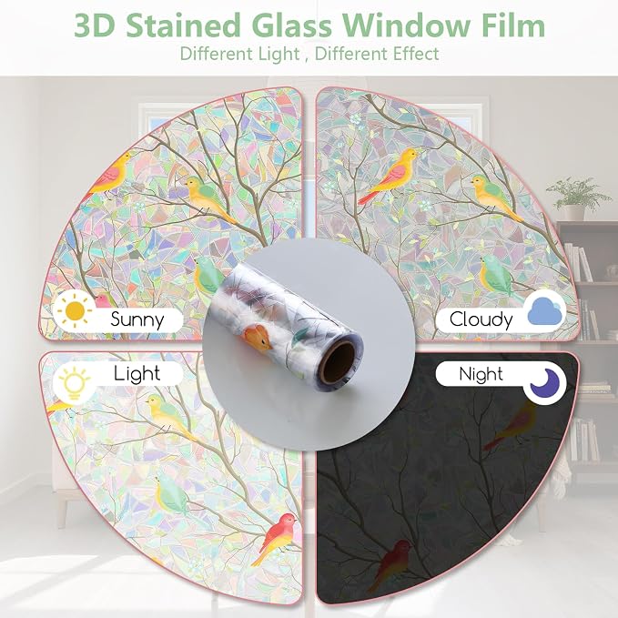 Kromapolis Window Privacy Film, Stained Glass Sticker Window Clings, Decorative Static Clings UV Blocking Colorful Decals, Removable Vinyl Covering Rainbow Bird, 35.4'' x 157.4''