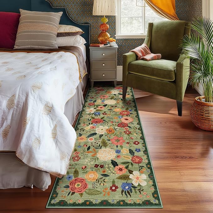 2x6 Machine Washable Runner Rug, Kitchen Hallway Area Rug Light Green Vintage Boho Floral Non-Slip Low Pile Soft Faux Wool Carpet Kids and Pets Friendly for Bedroom Entryway Nursery Home Decor Rug