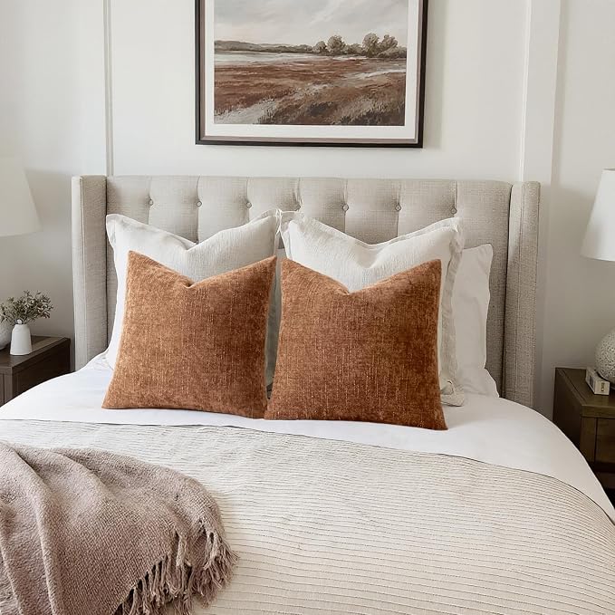 MIULEE Pack of 2 Decorative Throw Pillow Covers Soft Chenille Euro Pillowcases Solid Neutral Farmhouse Textured Cushions Morden Home Decor for Couch Sofa Bedroom Living Room 24x24 Inch,Pecan Brown