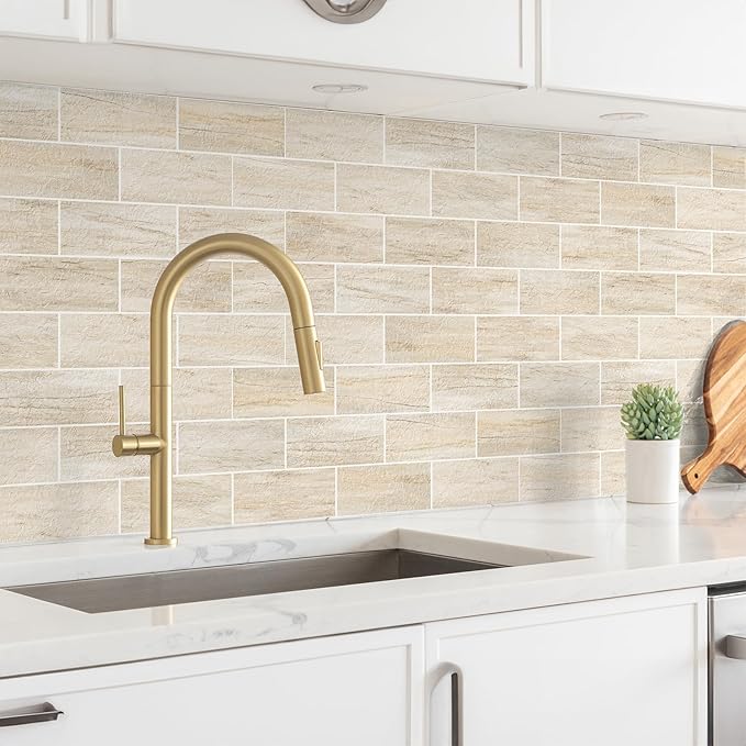 StyloVue 100 Pieces Peel and Stick Backsplash for Kitchen, 3" x 6" PVC Subway Tile Upgraded Grayish Beige with Gray Grout Backsplash Stick on Tile Elevate Kitchen, Bathroom, Fireplace,RV