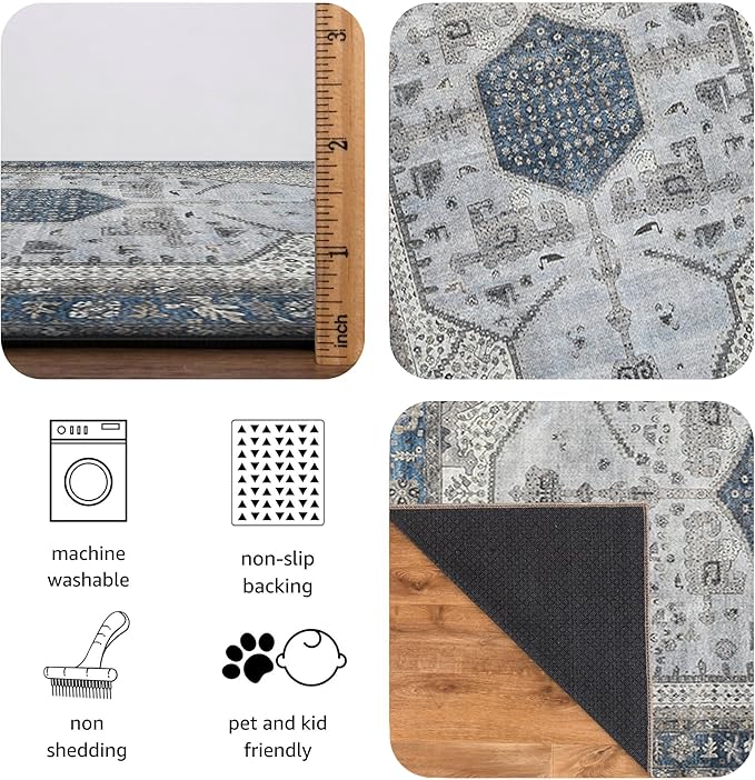 Keen Home Design 5x7 Rug - Machine Washable Area Rug with Non-Slip Backing, Ideal for Living Room, Dining Room, Bedroom - Vintage, Easy Clean, Durable, Low Pile Rug - (5' x 7')