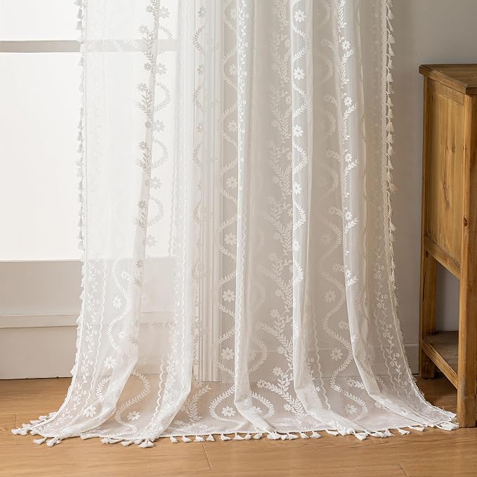 WAZZIO White Boho Lace Curtains 96 Inch -Cute Vintage Victorian Sheer Panel Drape French Country Floral Pattern & Tassel Light Filtering Privacy for Bedroom Dining Living Room,2 Panels,W52 x 96L