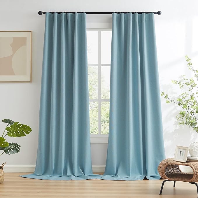 KEQIAOSUOCAI Extra Long 108 Inch Full Blackout Curtains for Large Window, Linen Textured Back Tab Hook Belt Pleated Tall Drapes for Living Room Dining 2 Panels Set, 50 Wide, 9 FT, Dusty Stone Blue