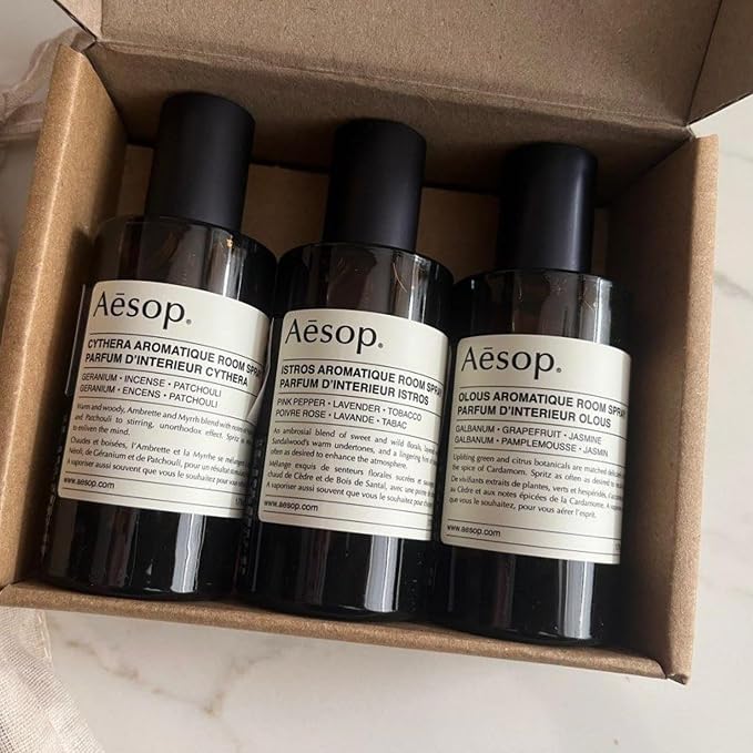 Aesop States of Being Aromatique Mini Room Spray Set – Olous, Cythera, & Istros | Fresh, Woody & Floral Scents | Long-Lasting Room & Linen Spray | 1.69 oz each (3PK)