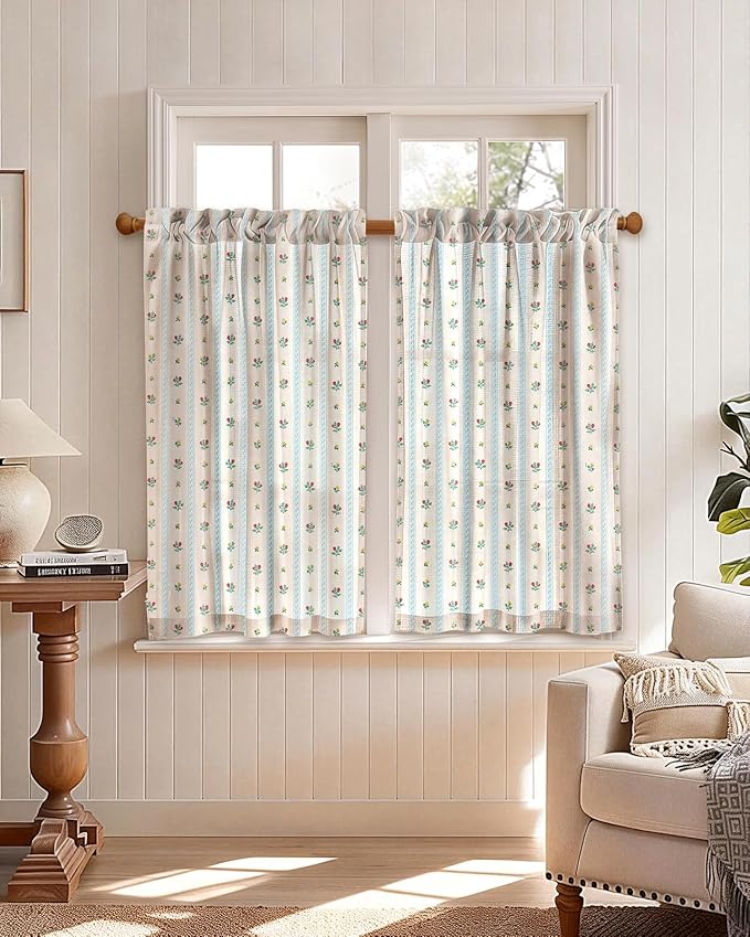 Miss Adola Farmhouse Kitchen Tier Curtains - 40 Inch Length Linen Blend Boho Cafe Curtains Blue Floral Small Window Treatments Over Sink Rod Pocket for Bathroom Living Room Light Filtering, 3 Panels