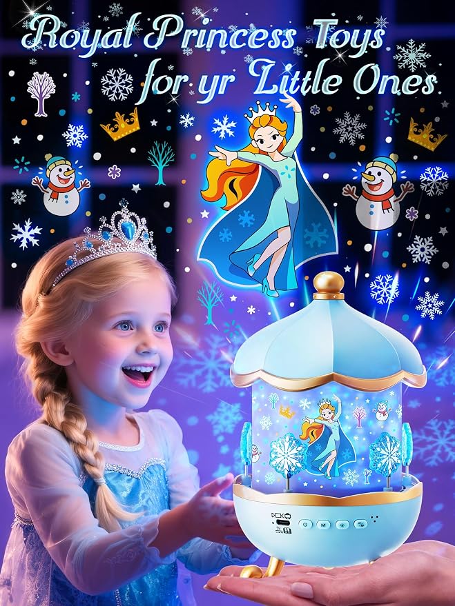 PIKOY Night Light Snow for Kids, 15 White Noise+16 Films+336 Colors Star Projector for Kids, 360°+Remote+Cordless Baby Night Light Projector, Princess Toys for Girls Room Decor Light