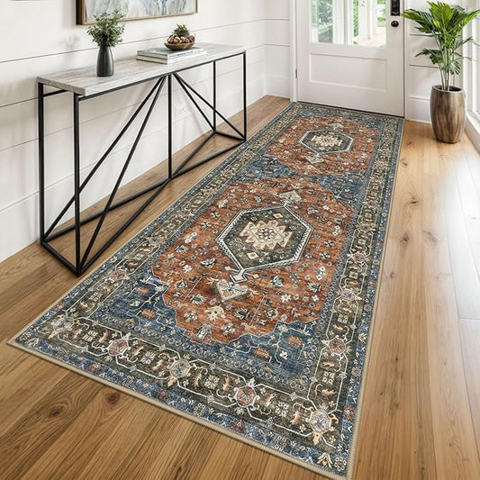 KUTA Vintage Washable Kitchen Runner 3x8, Non Skid Washable 8 ft Hallway Runners Brick Red, Soft Printed Oriental Carpet Rugs for Entryway Indoor Dining Room Bedroom Living Room Décor