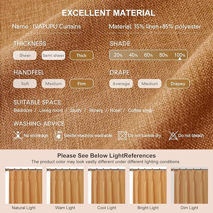 IVAPUPU Linen Pinch Pleated Full Blackout Curtains for Bedroom - 2 Pages Black Out Gold Curtains 84 Inch Long 2 Panel for Living Room Darkening Thermal Window Curtain Drapes with 16pc Hooks