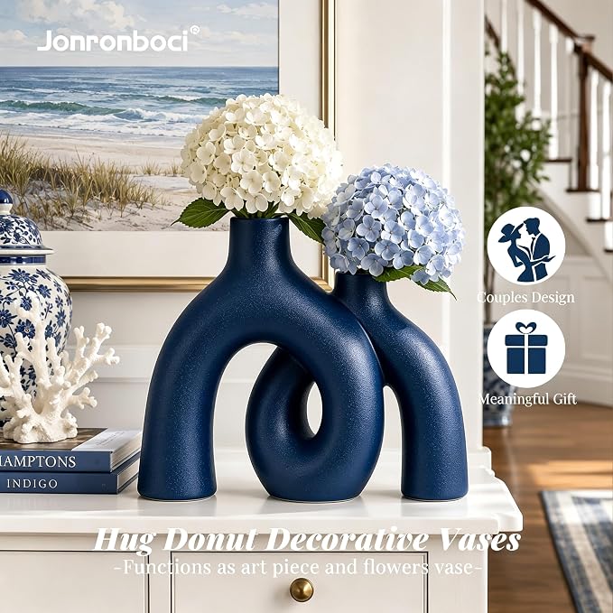 Hug Donut Decorative Vase Set - Navy Blue Vase, Modern Coastal Style Vases Home Decor, Matte Ceramic Decorations for Living Room Shelf, Bookshelf Mantle Entryway Table or Console Décor (Navy Blue)
