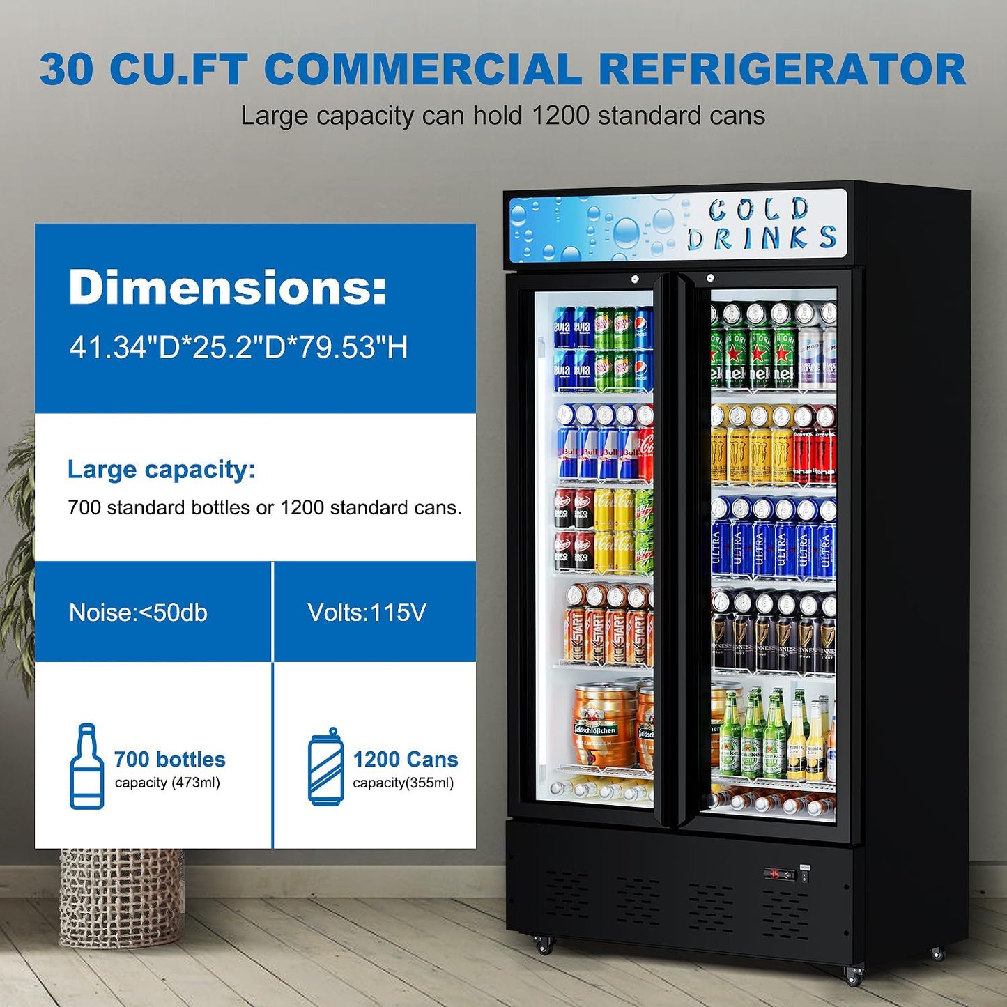 30 Cu.ft. Commercial Beverage Refrigerators Glass Door Refrigerator Upright Display Cooler with Soft LED Light and Adjustable Shelves for Restaurant Grocery Stores Home