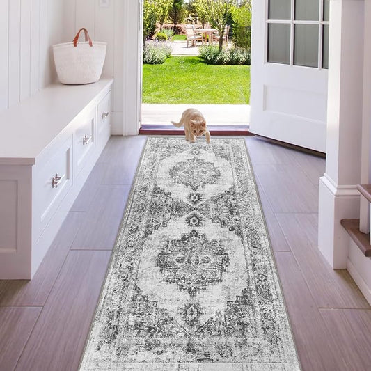 Area Rug 2x6 Runner Rugs: Washable Vintage Hallway Rug Indoor Medallion Rugs Low Pile Distressed Floor Carpet Retro Accent Rug for Kitchen Bedroom Bathroom Dining Room(Black, 2'x6')