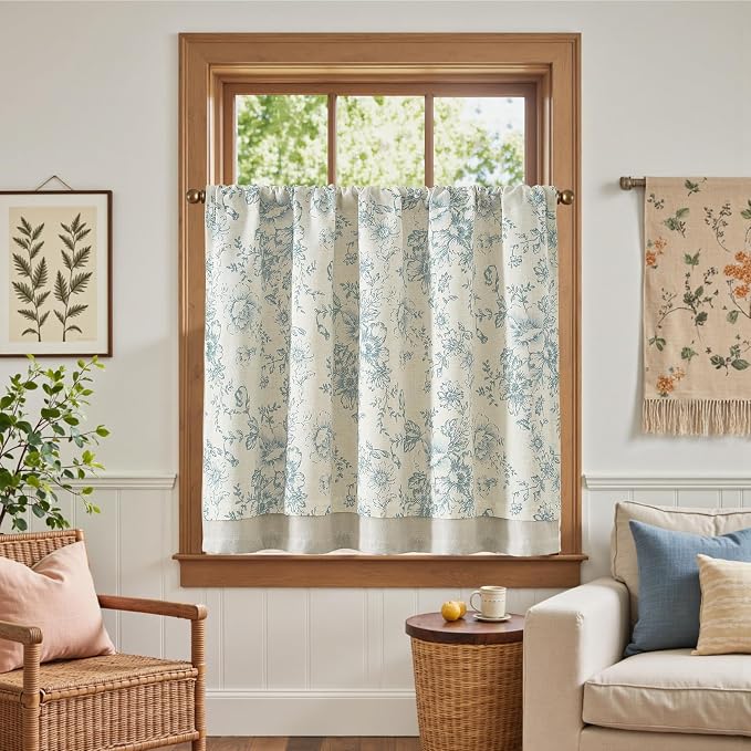 jinchan Linen Kitchen Curtain 36 Inch French Floral Double Layer Curtain Farmhouse Vintage Tier Drape Rustic Half Window Curtain for Living Room Window Treatment Rod Pocket 1 Panel Blue on Beige