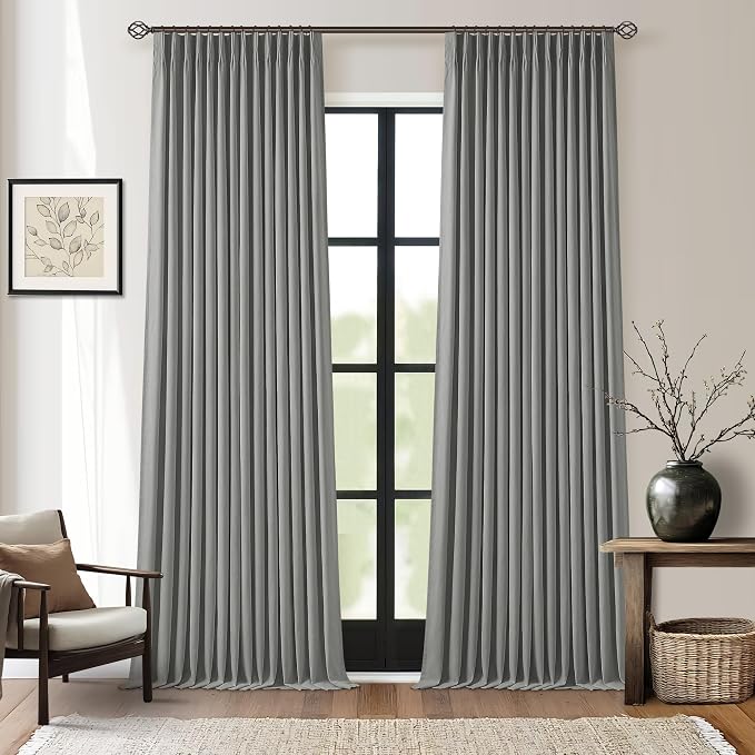 Charcoal Grey Blackout Linen Curtains 96 Inches Long for Bedroom Pinch Pleated Black Out Curtains Lined 2 Layers Memory Shape Noise Reducing Neutral Modern Living Room Darkening Window Drapes