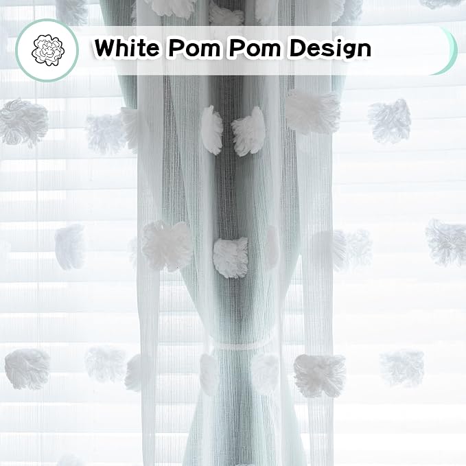 MYSKY HOME Kids Curtains for Boys Bedroom 72 Inches Long Room Darkening Double Layer Drapes for Son Room Decor White Pom Pom Sheer Back Tab Blackout Curtain 2 Layers Aqua 52 x 72 Inch 2 Panels