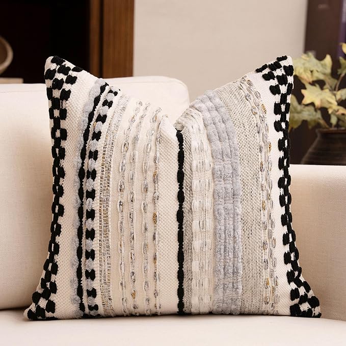 Boho Chenille Tufted Throw Pillow Covers 18x18 Inch Set of 2 Farmhouse Black Woven Striped Decorative Pillowcases for Couch Sofa Bed