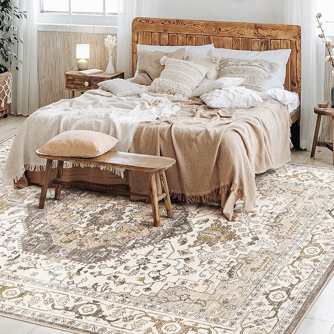 Area Rug for Living Room - 8x10 Soft Washable Oriental Vintage Floral Distressed Large Carpet - Fade Stain Resistant Non Slip Rugs for Bedroom Dining Room Nursery Dorm Office Home Decor-Camel/Beige