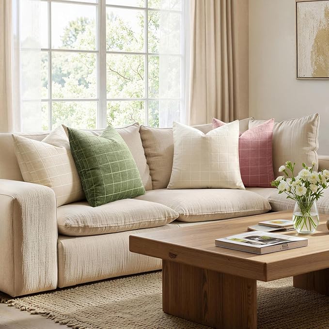 MIULEE Sage Green Plaid Decorative Throw Pillow Covers 20x20 Set of 2 | Vintage Check Chenille Couch Pillows Neutral Boho Farmhouse Cushion Covers Modern Home Decor for Sofa Bed Living Room