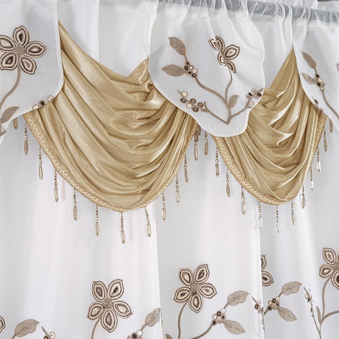 Petrichor Embroidered Sheer Curtain 2 Panels Set - Luxury Window Curtain Attached Valance with Satin Backing and 2 Tie Backs for Living Room,Dining Room, 54x63 inches, Taupe
