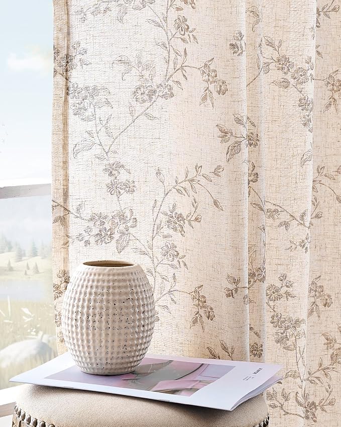 jinchan Taupe Floral Linen Curtains 90 Inch Farmhouse Back Tab 2 Panels | Flower patterned drapes, french country, light filtering, semi sheer, printed, bedroom, living room, office, window treatment