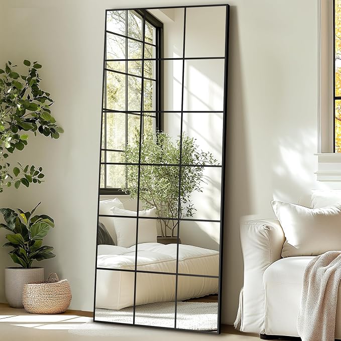 Delma Full Length Mirror, 30"x 70" Window Pane Decorative Mirror for Wall, Black Metal Framed Wall Decor, Wall Mounted, Hanging or Leaning for Bedroom, Living Room, Entryway