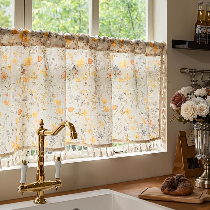 Deeprove Boho Valance 18 Inch Long for Windows Cafe Kitchen Modern Watercolor Botanical Gold Yellow Florals Print Curtain with Fringe Small Short Treatment for Fall Decorative 1 Panel 52W x 18L