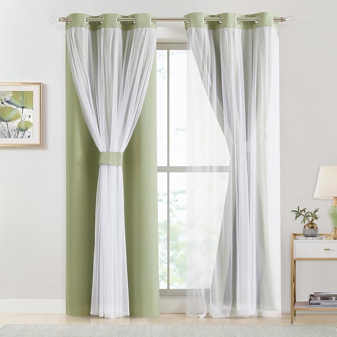 Bujasso Sage Green Blackout Curtains with Sheer Overlay Mix and Match Double Layer Thermal Insulated Window Panels 102 inch for Living Room Bedroom Green Drapes with Tiebacks Grommet Top 54"Wx102"Lx2