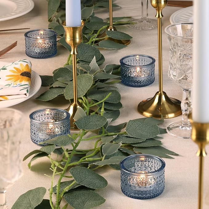 NITIME 4PCS Blue Votive Candle Holders for Wedding Decorations, Tea Lights Candle Holder for Table Centerpiece, Blue Polka Dot Glass Candle Holder for Home and Party Decoration