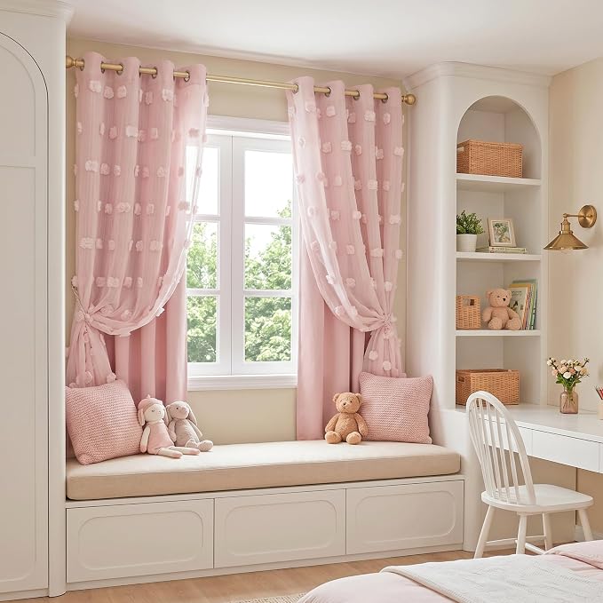 MYSKY HOME Pink Curtains for Girls Bedroom 54 Inches Long Kids Curtain with Pink Pom Pom Sheer Short Curtains for Windows 2 Layered Drapes Grommet Room Darkening Nursey Curtain, 2 Panels, W52 X L54